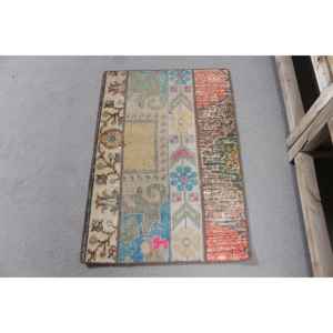 Alfombra Vintage Pequeña de 1.7x2.5 pies, Alfombra Turca, Alfombra de Lana Ikat Azul y Roja - Product Image 1