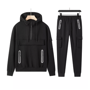 Venta caliente de los hombres de talla grande cuarto de cremallera Cargo chándal patrón sólido con capucha chaqueta pantalón chándal conjunto para el Medio Ambiente - Product Image 1