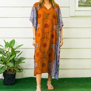 Terbaru kedatangan wanita Readymade bergaya coklat cetakan Mandala gaun Boho Kaftan grosir gaun Maxi Bohemian oleh pemasok India