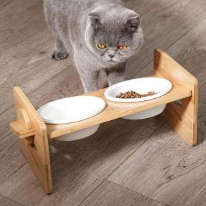 Comederos Elevados Ortopédicos para Gatos, Inclinados 15 Grados, Comedero Doble de Acero Inoxidable para Mascotas, Altura Ajustable, Soporte de Madera, Marca Privada - Product Image 3