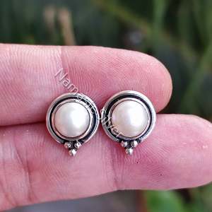 Freshwater Pearl <b>Stud</b> <b>Earrings</b> Handmade Minimalist Sterling <b>Silver</b> Jewelry Birthday Anniversary or Christmas Gift for Her - Product Image 1