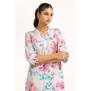 ชุดลำลองสีขาวนวลสำหรับผู้หญิง ฤดูใบไม้ผลิ/ฤดูร้อน ชุดพิมพ์ลายผ้าลอน 2 ชิ้น เสื้อแขนสามส่วนพร้อมกางเกงขาสั้น - Product Image 3