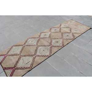 Vintage Rug, 3x9.7 ft Turkish Rug, <b>Brown</b> Floral <b>Wool</b> Rug - Product Image 4