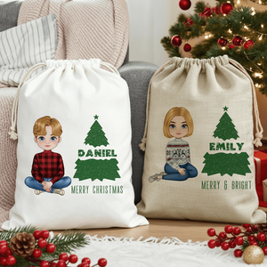 Sac cadeau personnalisé avec cordon de serrage, motif de personnage de dessin animé mignon, arbre de Noël, texte personnalisé, nom pour enfants, famille, rangement fonctionnel - Product Image 2
