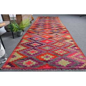 Tapis turc Kilim vintage rouge et violet Patchwork Design classique 3.7 X 11.9ft tissage plat laine avec support en latex pour adolescents - Product Image 4