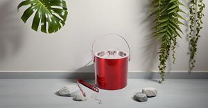 Cubo de hielo reutilizable desechable de acero inoxidable de doble pared de 1000ml con pinzas, herramienta de barra aislada roja para reuniones de fiestas - Product Image 3