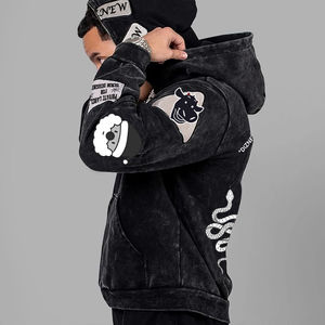 TRADE in MFG <b>Men's</b> 100% Cotton Hoodies with Custom Screen Print Distressed Embroidery Full Zip up <b>Black</b> 520GSM <b>for</b> Two Hats - Product Image 4