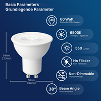 Ampoule LED GU10 de bonne qualité, équivalent 60W, 230V, non dimmable, 550LM, CRI80, 6500K, lumière du jour, 38 °   Angle de faisceau CE UKCA RoHS
