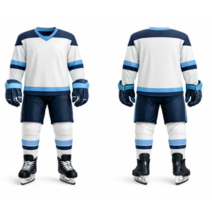 Uniforme de hockey sur glace bleu marine et bleu clair le plus populaire - Concevez votre propre logo Vêtements de sport Jersey de hockey à col en V rayé pour hommes - Product Image 3