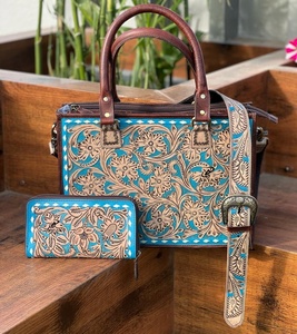 Nuevo estilo Vintage hecho a mano turquesa Tooled Leather Tote Bag New Western Stylish Turquesa Tooled Leather Clutch Women Combo Set - Product Image 1