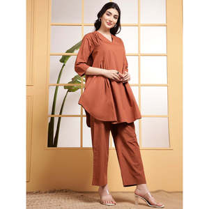 Conjunto de 2 Piezas Deebaco para Mujer, Túnica Holgada de Algodón Sólido y Pantalones Anchos, Cuello en V, Manga 3/4, Estilo Casual, Largo hasta el Tobillo - Product Image 6