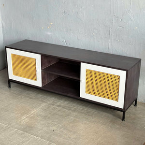 Contemporary Farmhouse Living Room TV <b>Stand</b> with Rubberwood Rattan <b>Doors</b> Iron Legs - Product Image 3