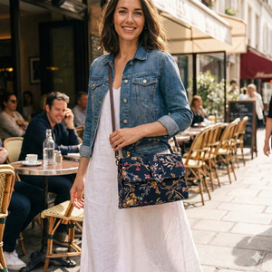 <b>Navy</b> <b>Blue</b> Floral Cotton Soft Durable Crossbody Bag Vintage Style Women Shoulder Purse Boho Sling Handbag Sustainable Wholesale - Product Image 2