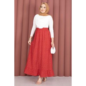 Red Polka Dot Ruffled Midi <b>Skirt</b> <b>Elastic</b> Waist Soft Breathable Chiffon and Cotton with Digital and Embroidered Techniques - Product Image 3