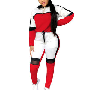 Ensemble de survêtement décontracté pour femmes, sweat-shirts et pantalons de survêtement imprimés, tenue de jogging à capuche en 2 pièces avec design patchwork - Product Image 1