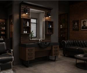 Luxury Modern <b>Walnut</b> Barber Station Double Mirror Storage <b>Cabinet</b> Black Sink Professional Salon Styling Unit Custom Furniture - Product Image 2