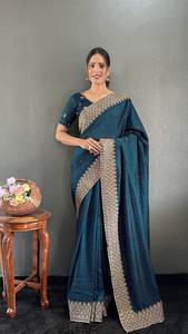 Venta caliente DISEÑADOR VICHITRA BORDADO DE SEDA SIROSKI TRABAJO LISTO PARA USAR SAREE CON BLUSA DESCOSADA AZUL - Product Image 5