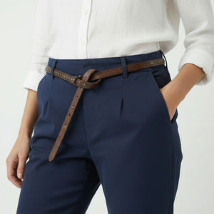 Pantalon droit en coton à taille mi-haute avec ceinture, décontracté, couleur délavée - Product Image 3