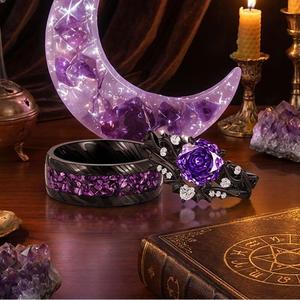 Jeulia <b>Gothic</b> Black Purple Stone Wedding Couple's <b>Ring</b> Set - Product Image 3