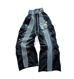 กางเกงสเวตแพนท์ปักลาย Y2K แบบกำหนดเอง ล้างสีแบบ Acid Wash ผ้าฝ้าย 100% ลายทางซ้อน กางเกงทรง Baggy สไตล์ Argo สำหรับผู้ชาย - Product Image 1