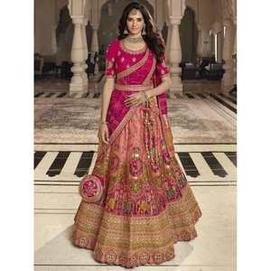 Espléndido Lehenga Choli de Seda Banarasi Color Durazno-Rani Bordado para Tu Día Especial - Product Image 2