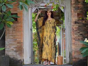 Boho Floral Kaftan Maxi Vestido Mujer hombro frío manga playa cubierta hasta el suelo Tie Dye talla única (6XL) patrón sólido logotipo trasero - Product Image 2