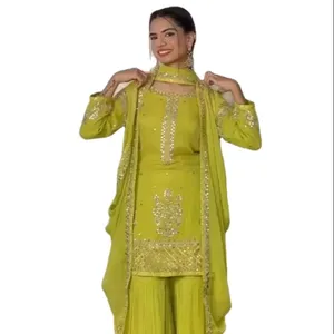 Delizioso abito verde Georgette Salwar con filo ricamato a maniche lunghe materiale del vestito per le donne