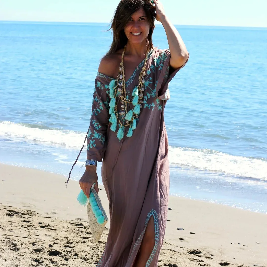 Ropa de playa de verano de buena calidad, vestido caftanes de algodón de trabajo con bordado floral de media manga de la India