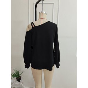 Women'<b>s</b> Long-Sleeve One-Shoulder Cross-Stripe Detail Viscose Two-Thread <b>Blouse</b>, 37482 - Black - Product Image 5