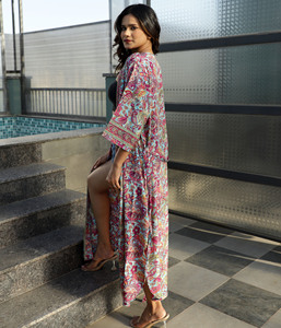 Indian Boutique Designer Sari Silk Floral Printed Collection Of Resort Summer Wear Girl's Short Sleeve Wrap Kimono Vestido largo - Product Image 6