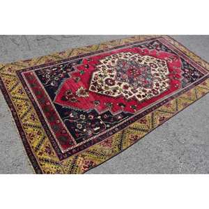 Classic Red Vintage Turkish <b>Rug</b> Large Area 5' X 10' 1ft <b>Boho</b> Style Wool Latex Backing Patchwork Pattern for Hallway Bedroom 10mm - Product Image 2