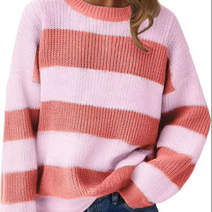 Femmes léger surdimensionné mignon couleur bloc pull printemps 2025 à la mode gaufré tricot col rond mince pull hauts - Product Image 1