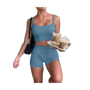 Conjuntos de entrenamiento de algodón personalizados para mujer, sujetadores deportivos de impacto de 2 piezas, pantalones cortos de Yoga de cintura alta, ropa deportiva para gimnasio - Product Image 5