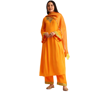 Ensemble Kurta Palazzo en mousseline de soie brodée orange vente en gros de vêtements ethniques pour femmes fournisseur d'usine de vêtements OEM costume de fête personnalisé - Product Image 1