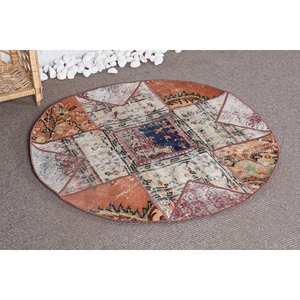 Tapis en laine vintage de grande surface 3.4x3.4 pieds Rectangle marron Beige Patchwork pour chambre à coucher Tapis en latex viscose - Product Image 2