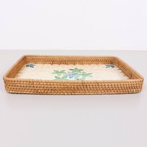 Plateau de service rectangulaire en nacre écologique avec incrustation florale bleue en rotin, commande en gros pour la décoration de la table de cuisine et de salle à manger - Product Image 3