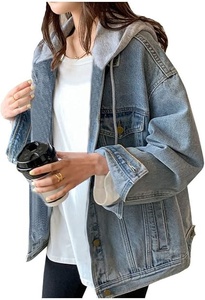 Women's Denim Jacket with Hood Oversized Distressed Jean Jackets Hoodie New Design - Product Image 3
