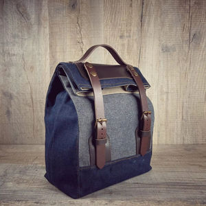 <b>College</b> Waxed Denim Unisex Lunch Denim Lunch <b>Bag</b> For Work Pen Case Grey Black Leather Gift LCLB-0045 - Product Image 1