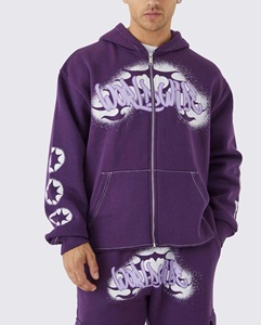 Chándal con capucha y cremallera personalizado para hombre, conjunto de pantalones de chándal con parche bordado acampanado apilado, primavera sólida - Product Image 2