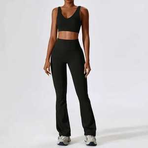 Conjunto de Yoga de 2 piezas para mujer, camiseta transpirable con patrón sólido, Sujetador deportivo de cintura elástica, Top largo, mallas sueltas para el trasero para entrenamiento de gimnasio - Product Image 3