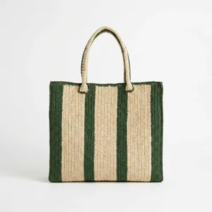 Bolso de Rafia a Rayas Tejido a Crochet, Estilo Bohemio para Mujer, Abierto, Resistente, de Uso Diario, con Dos Asas y Patrón de Rayas - Product Image 4