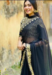 Heavy georgette-saree con bordado de diamantes para mujer, ropa de fiesta, color negro, festival, saree, precio bajo - Product Image 2