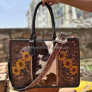 Western Real Hair on Hand <b>Tooled</b> <b>Leather</b> Women Sunflower Tote Bag Stylish Hand Carving <b>Leather</b> Floral Cowgirl Wallet Combo Set - Product Image 2