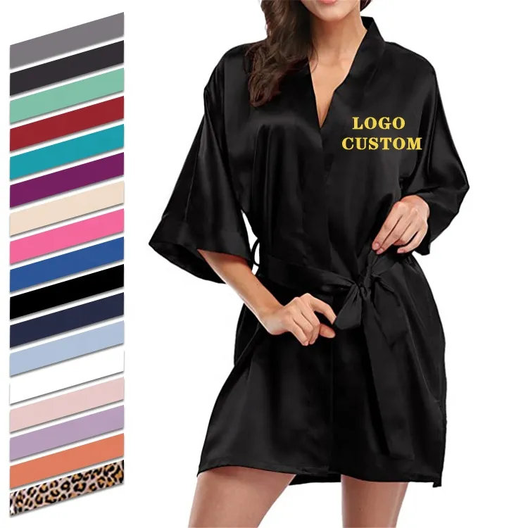 OEM 사용자 정의 여름 레이디 로브 새틴 일반 목욕 가운 실크 잠옷 짧은 기모노 여성 섹시 블랙 새틴 가운