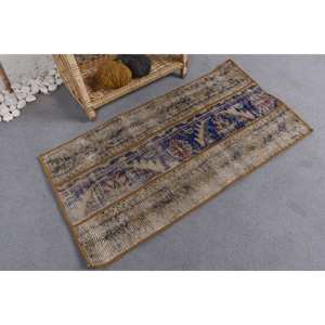 Vintage Wool Patchwork <b>Rug</b> Beige Blue with Latex Backing 1.7 X 3.2 ft Handmade Abstract Rectangle Design for Living Room <b>Bedroom</b> - Product Image 2