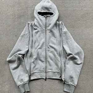 Haute qualité personnalisé Y2K blanc lavage à l'acide coton Streetwear unisexe poids lourd surdimensionné recadrée Boxy masque pleine fermeture éclair à capuche - Product Image 6