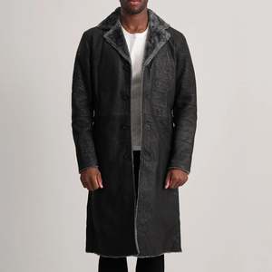 Kolby Distressed Black Leather <b>Shearling</b> <b>Coat</b> with Lapel Collar - Product Image 1