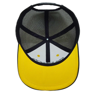 6แผงหมวกทรูเกอร์แบบสั่งทำ3D โลโก้แบบมีขอบแบนสีดำและสีเหลืองแบบตาข่ายเย็บสีตัดกันหัวเข็มขัดกระดุมแถวเดียวทำจากพลาสติก - Product Image 5