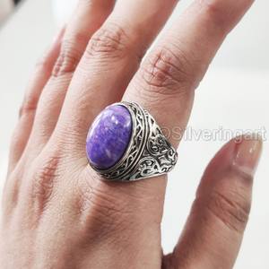 Nouvelle Arrivée Bague pour Homme en Argent Sterling 925 avec Pierre Précieuse Naturelle Charoïte Pierre de Naissance, Toutes Tailles, Bijoux Ottoman de Noël - Product Image 5