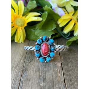 Brazalete de Plata de Ley 925 Hecho a Mano por los Navajo, con Incrustaciones de Múltiples Piedras, Estilo Bohemio Occidental, Turquesa Vintage - Product Image 1
